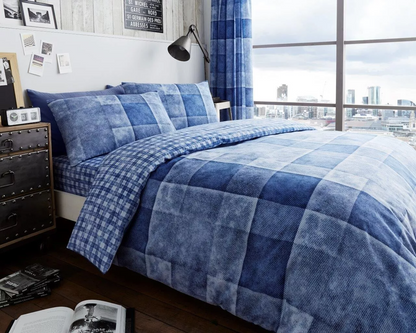 Denim Check Duvet Quilt Cover Set Soft Easy Care Bed Linen All Sizes Bedding Set
