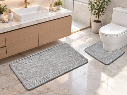Bare feet stepping onto soft memory foam bath mat after a shower