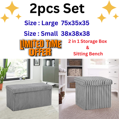 2pcs Set Ribbed Ottoman Storage Box Multi Seat Foot Stool Bench Home Organizer
