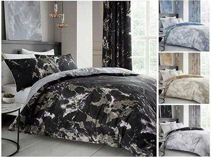 Marble Effect Duvet Quilt Cover & Pillow Case Bedding Set Black Cream White