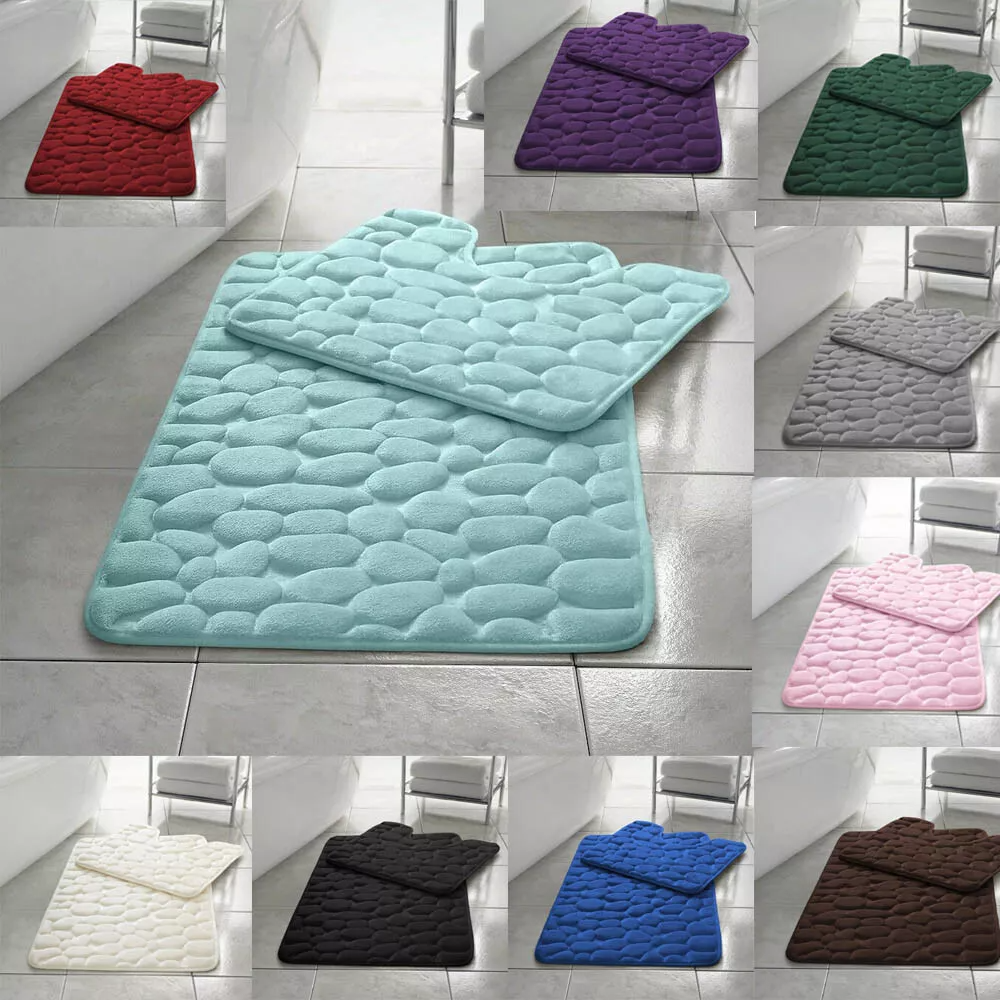 2 Piece Pabble Bath Mat Set Memory Foam Non Slip Rubber Pedestal Toilet Bathroom