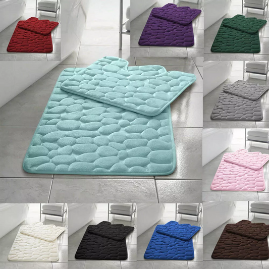2 Piece Pabble Bath Mat Set Memory Foam Non Slip Rubber Pedestal Toilet Bathroom