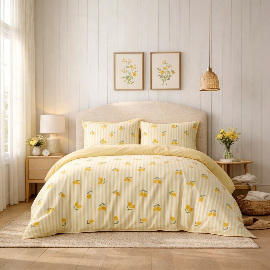 Lemon Stripe bright citrus print duvet cover for a fresh summer bedroom