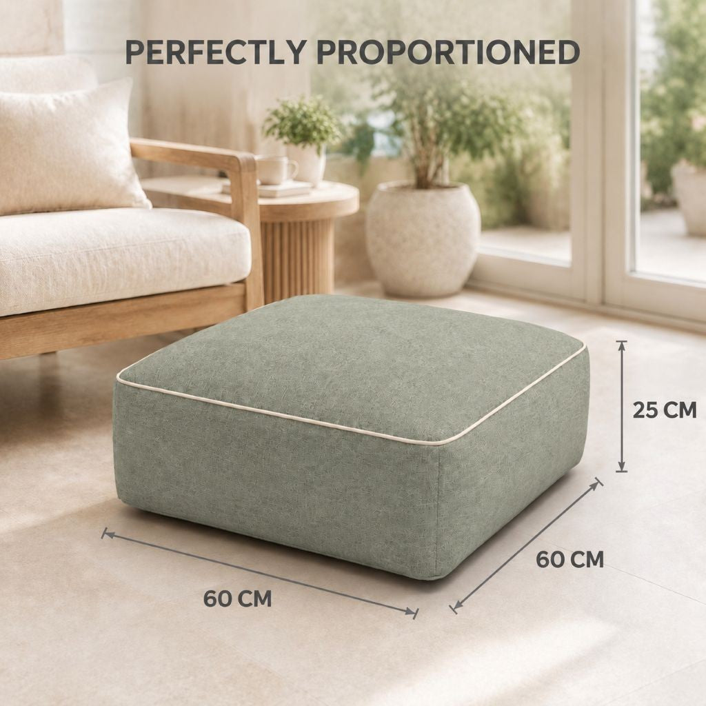 Square inflatable pouf in grey woven-effect fabric for indoor or outdoor use