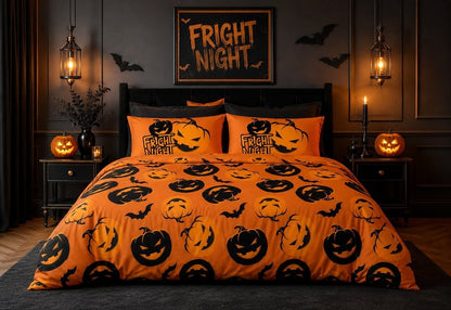 Spooky Halloween bedding set shown in a cosy autumn bedroom setting
