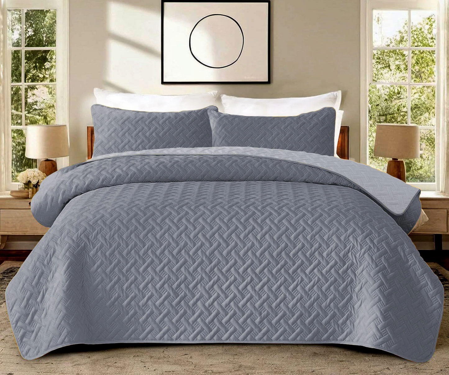 3 Piece Quilted Bedspread Weave Embossed Bedding Set