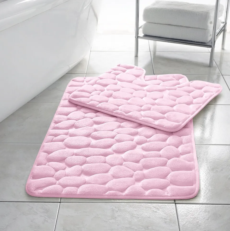 2 Piece Pabble Bath Mat Set Memory Foam Non Slip Rubber Pedestal Toilet Bathroom