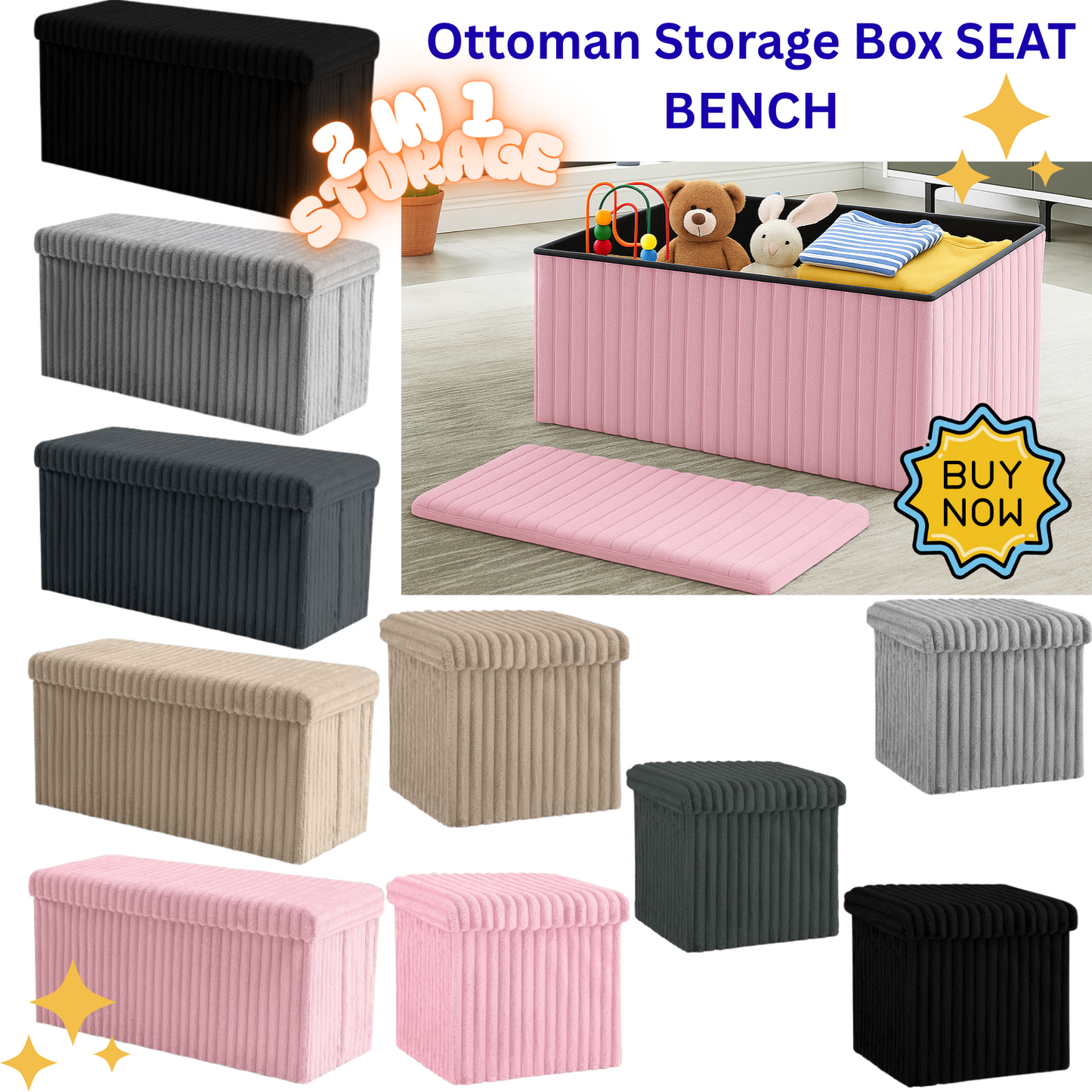 Ribbed Storage Box Large Capacity Ottoman Multi-Purpose Seat Foot Stool Toys Box