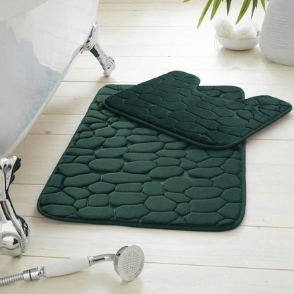 2 Piece Pabble Bath Mat Set Memory Foam Non Slip Rubber Pedestal Toilet Bathroom