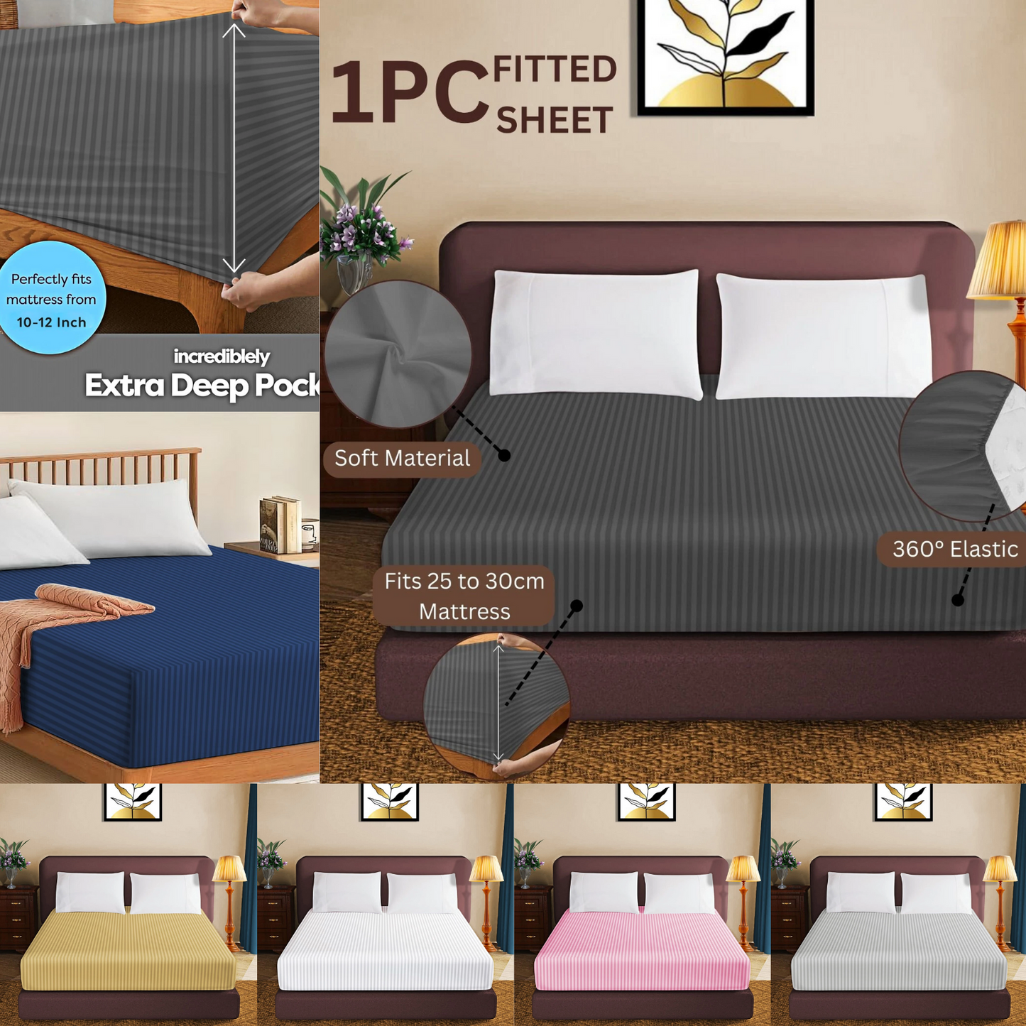 100% Egyptian Pcotton Fitted Sheet 30Cm Extra Deep 300tc Bedsheets Single Double