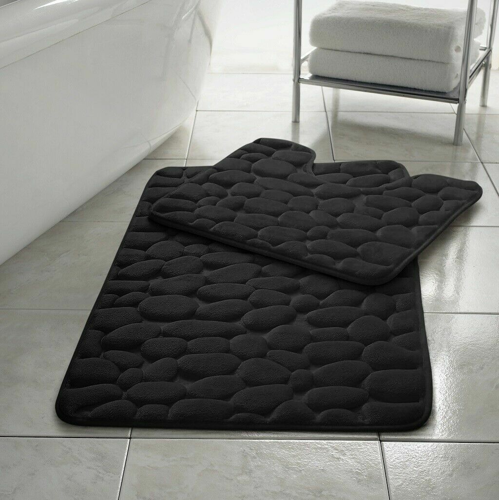 PEBBLES BATH MAT PEDESTAL MEMORY FOAM SET NON SLIP SOFT TOILET BATHROOM RUGS 2PC