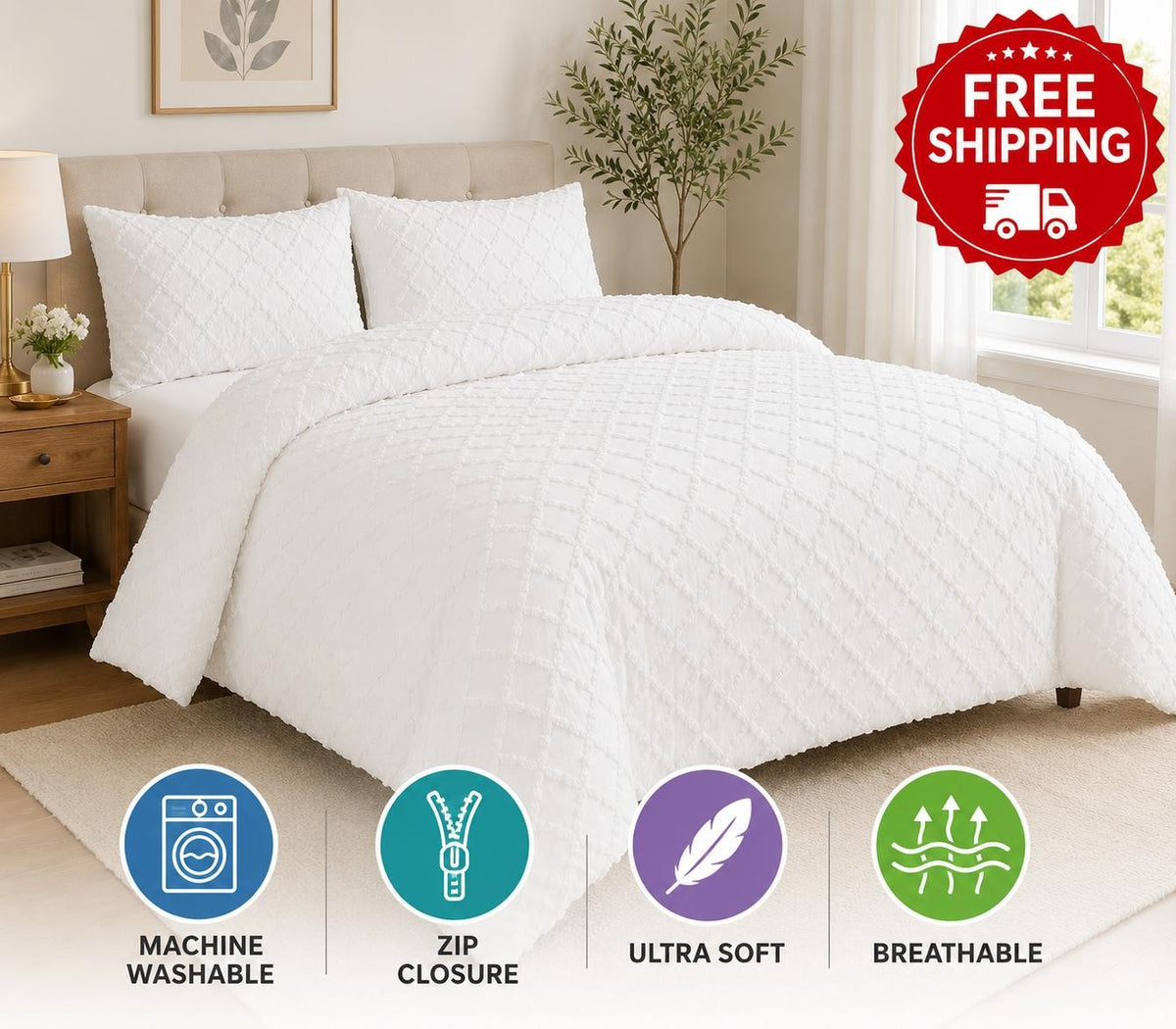 Tufted duvet cover set shown in a soft neutral colour on a made bed