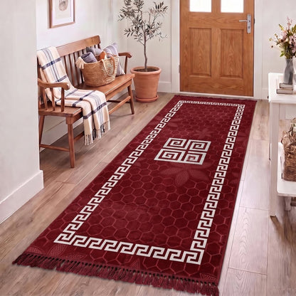 Black Greek key modern area rug in a contemporary bedroom
