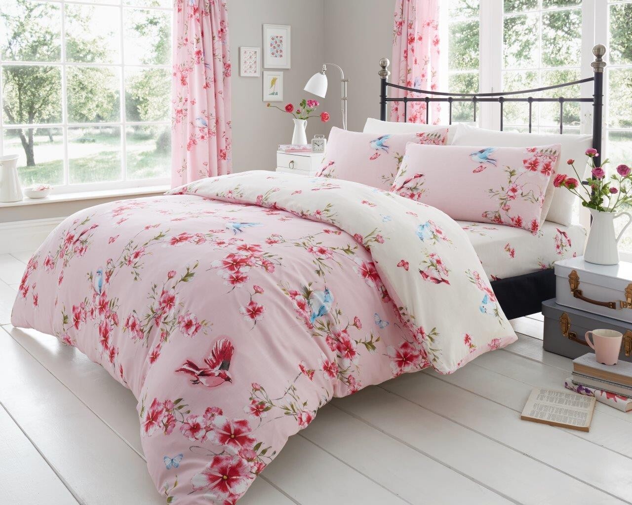 Birdie Blossom Floral Duvet Cover Easy Care Bed Linen All Year Round Bedding Set