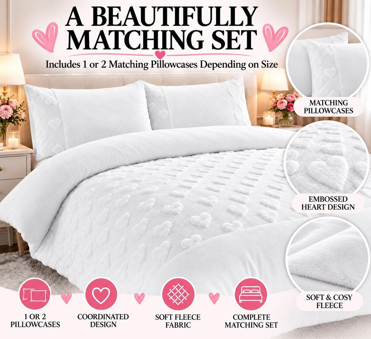 Romantic heart pattern teddy bedding styled for a teenager's room
