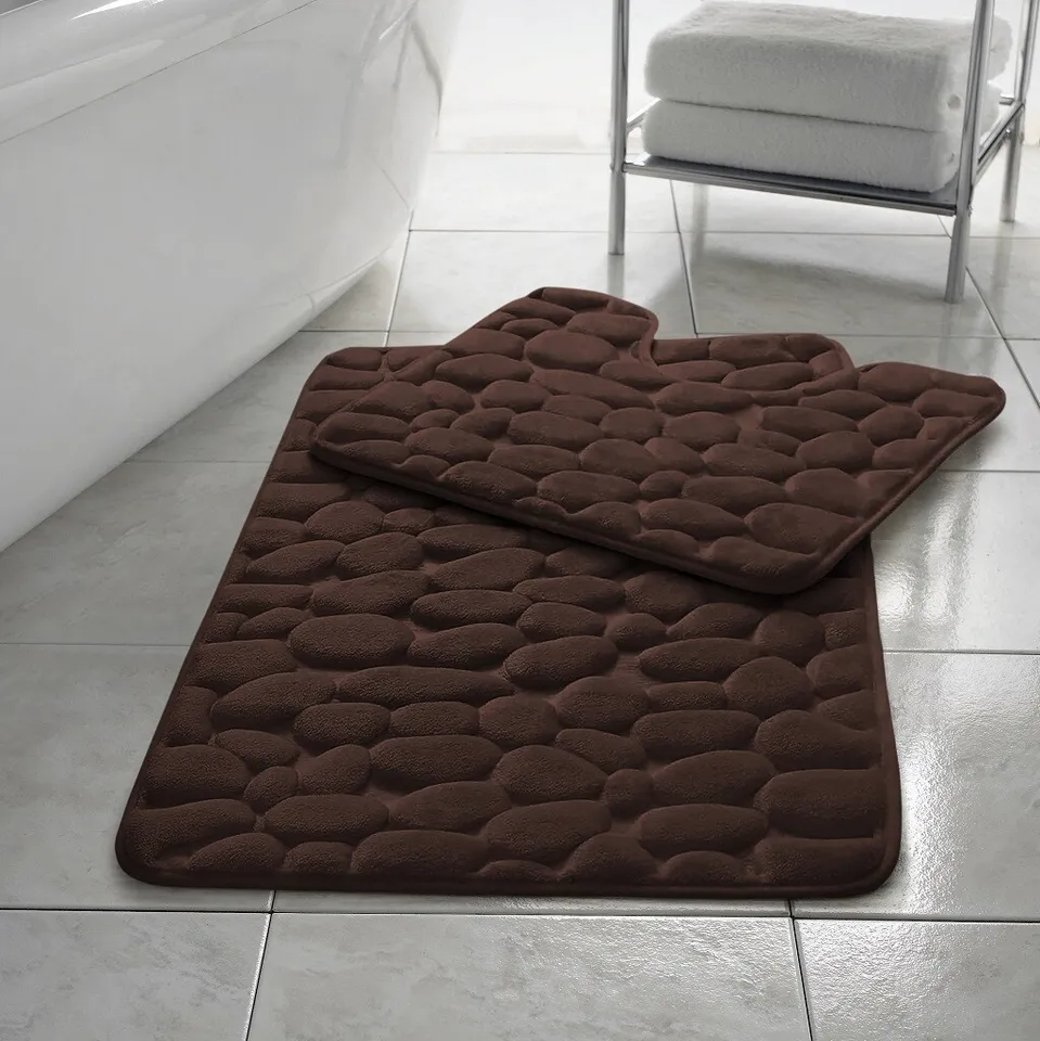 Pabble Memory Foam Non Slip Bath Mat Set 2 Piece Rubber Pedestal Toilet Bathroom