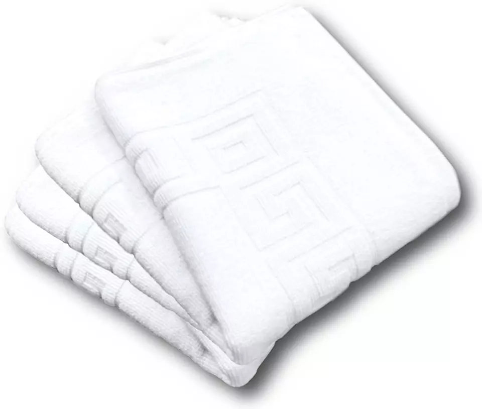Hotel Quality White Bath Mats 100% Cotton Greek Key Border Design 750GSM Thick