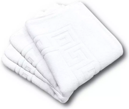 Hotel Quality White Bath Mats 100% Cotton Greek Key Border Design 750GSM Thick