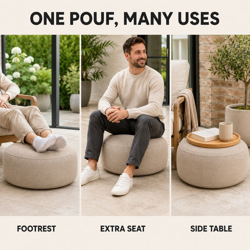 Grey round inflatable pouf seat on a garden patio