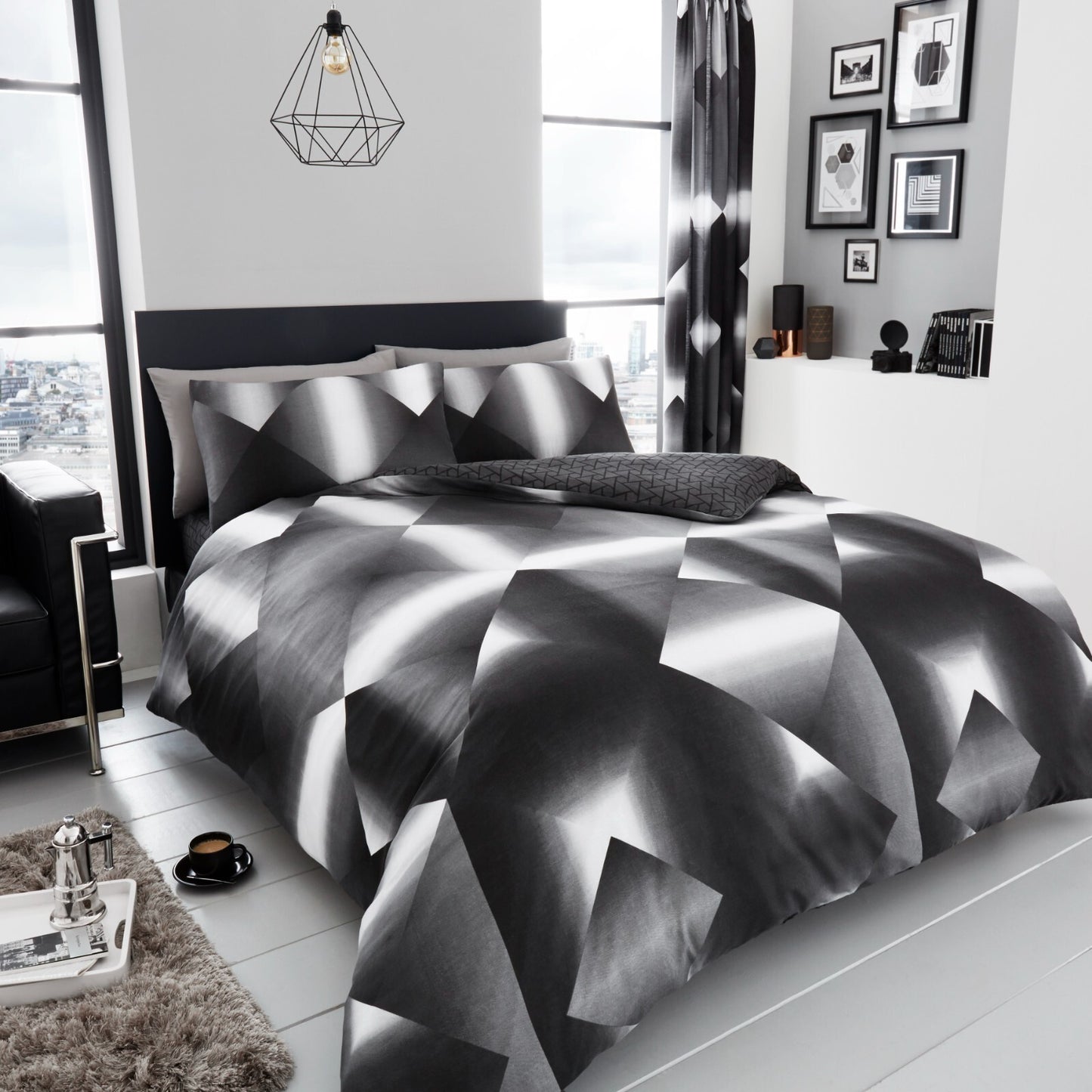 Reversible Duvet Quilt Cover Bedding Set Single Double King Size 3D Triangle