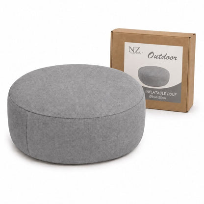 Grey square inflatable pouf used as extra seating indoors