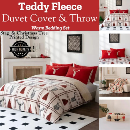 Stag Teddy Fleece Duvet Quilt Cover + Pillowcases Christmas Bedding Sets & Throw