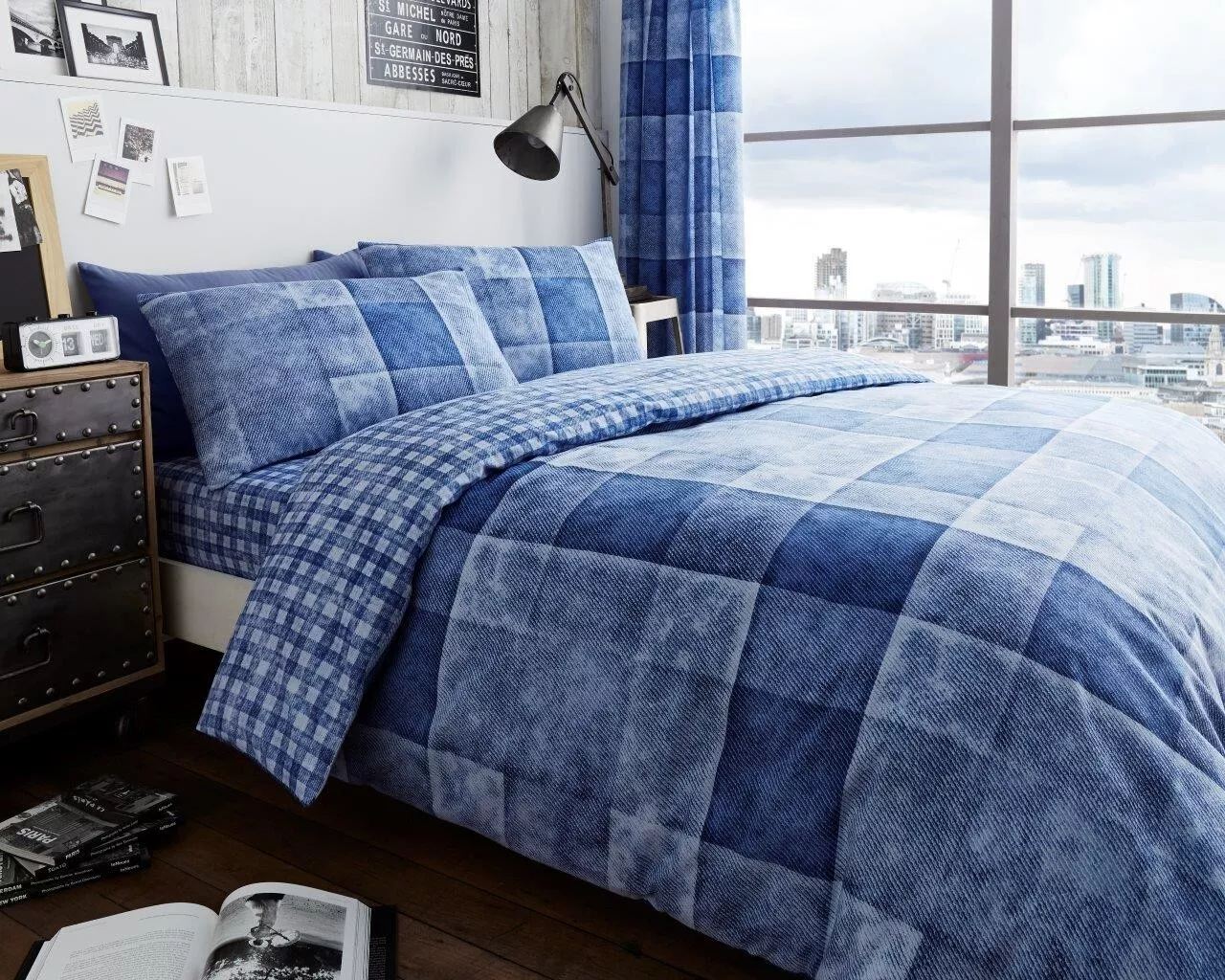 Denim Check Duvet Quilt Cover Set Soft Easy Care Bed Linen All Sizes Bedding Set