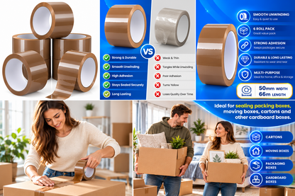 Stacked moving boxes sealed with brown packaging tape