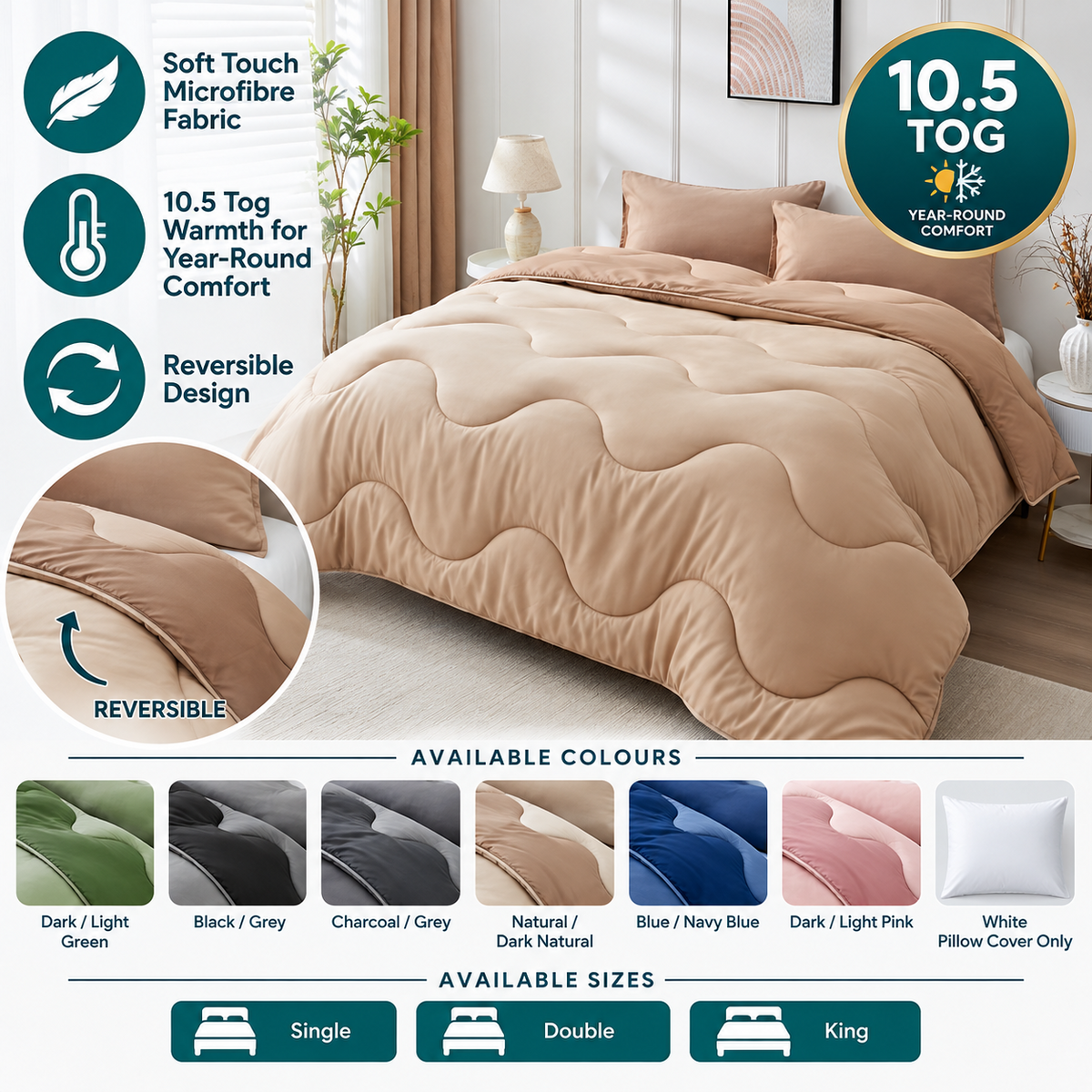 10.5 tog coverless duvet quilt set styled on a bed