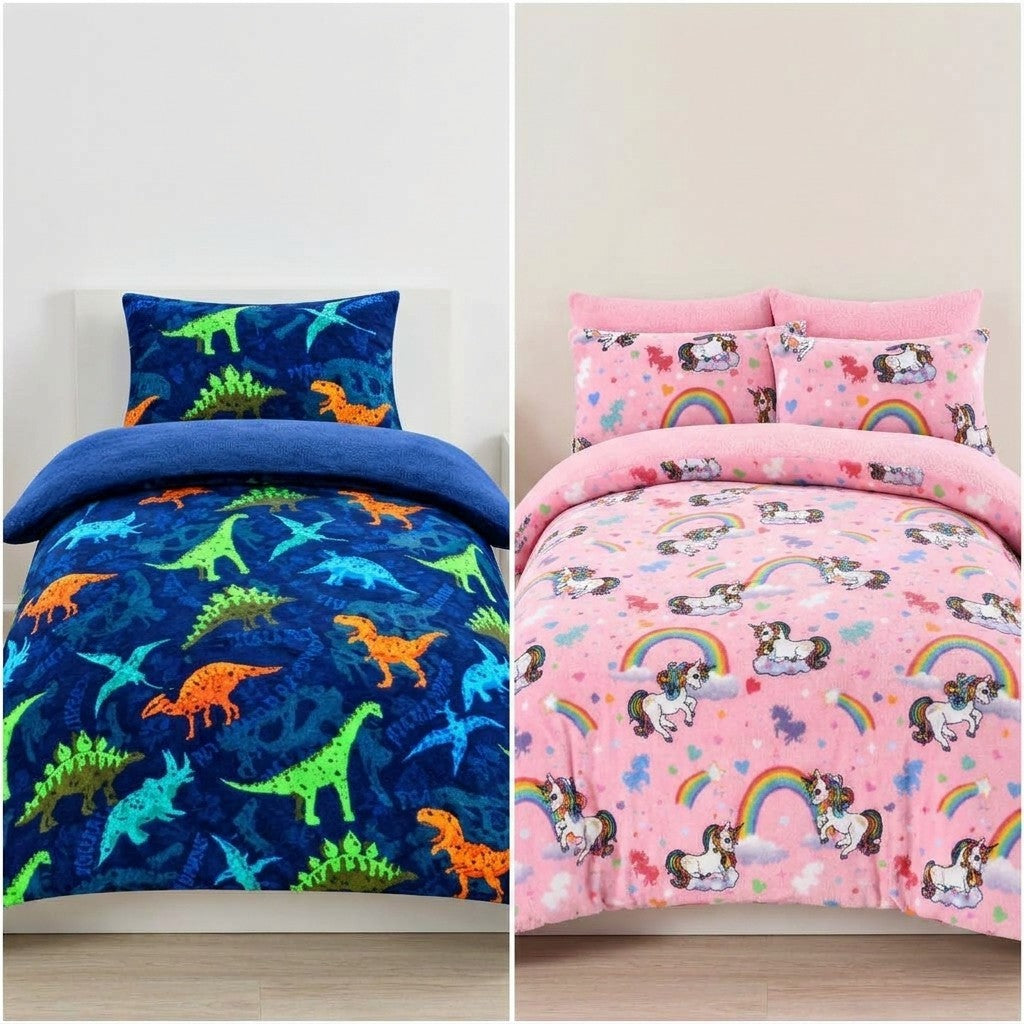 Nimora Home teddy fleece kids duvet cover set in dinosaur and unicorn designs