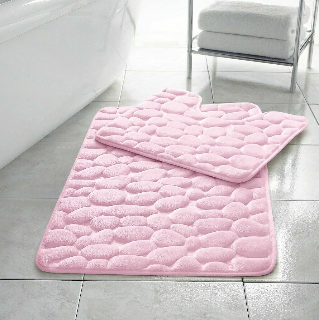 PEBBLES BATH MAT PEDESTAL MEMORY FOAM SET NON SLIP SOFT TOILET BATHROOM RUGS 2PC