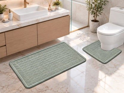 Sage green Greek key toilet mat close-up showing pile texture