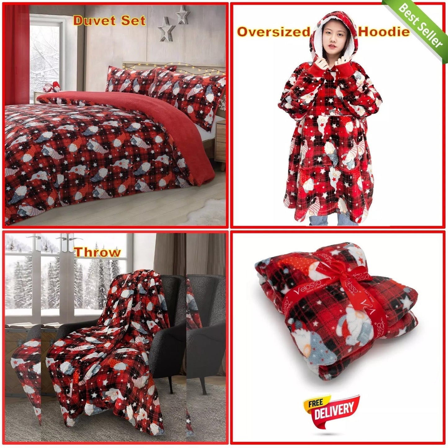 Christmas Gonks Teddy Fleece Duvet Cover Set, Throw, Oversized Cuddles Hoodies