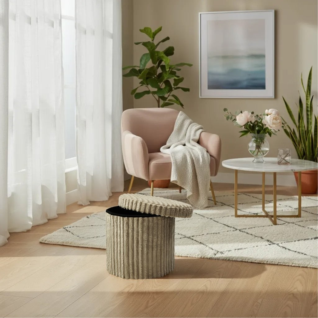 Round Ribbed Storage Box Ottoman Multipurpose Seat Foot Stool Toys Box Organizer
