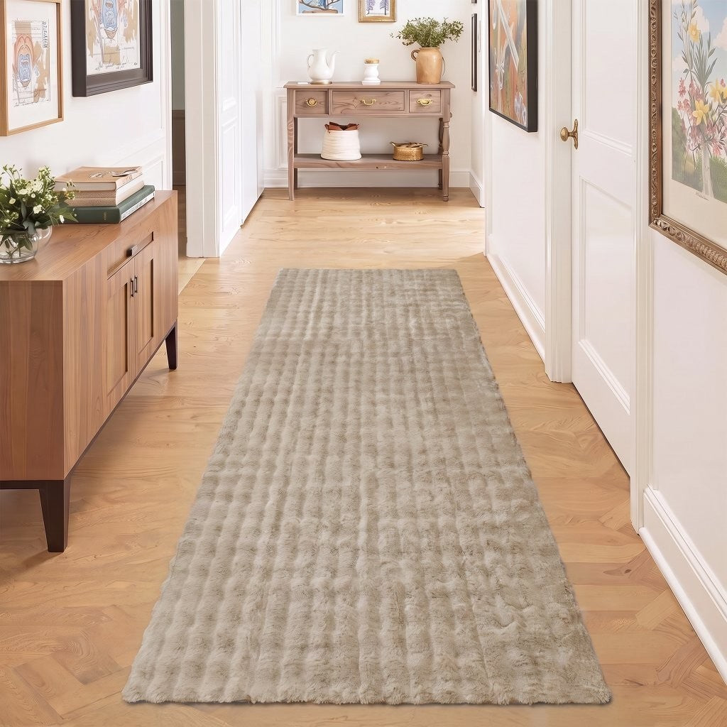 Natural faux fur rug in a Scandi-style bedroom