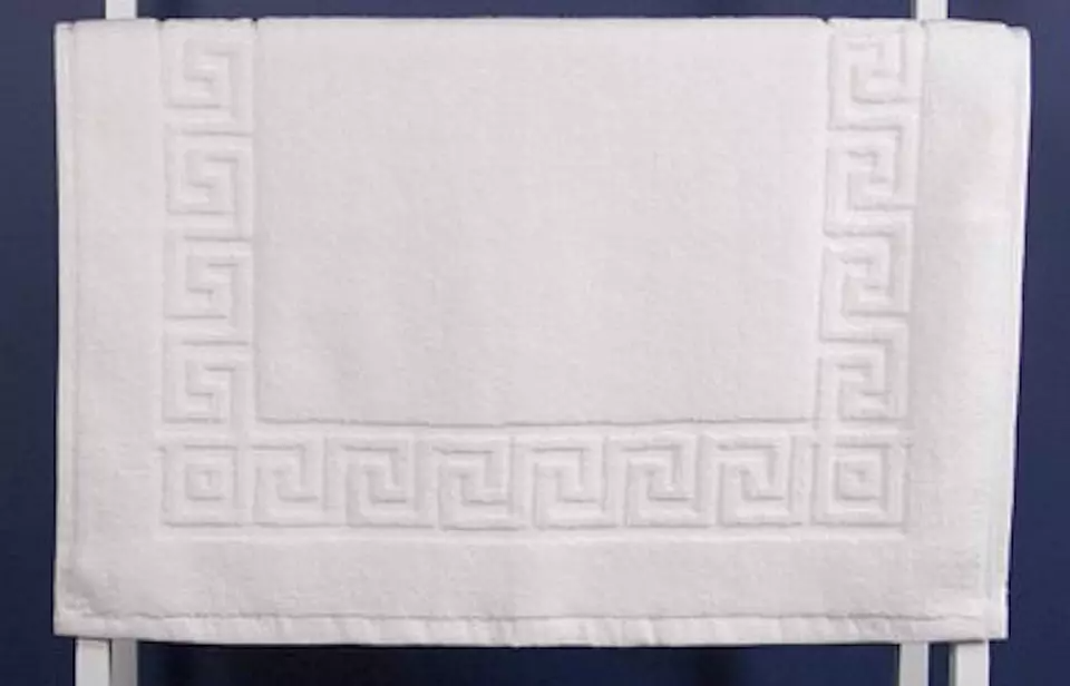 Hotel Quality White Bath Mats 100% Cotton Greek Key Border Design 750GSM Thick