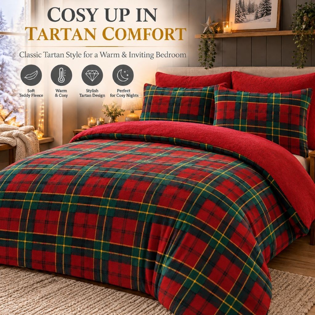 Teddy tartan fleece pillowcase detail from the matching Nimora Home duvet set