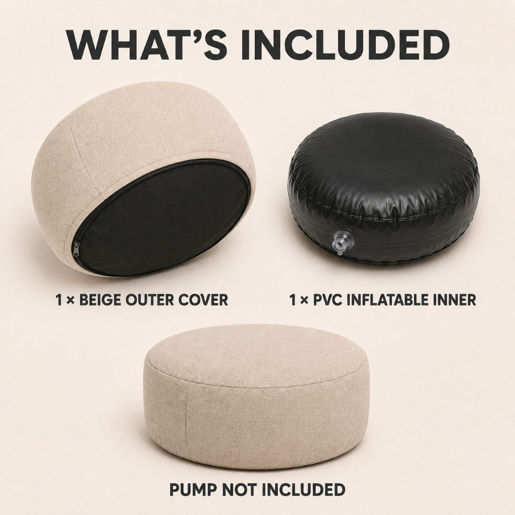 Round inflatable pouf size guide showing 55 x 25 cm dimensions