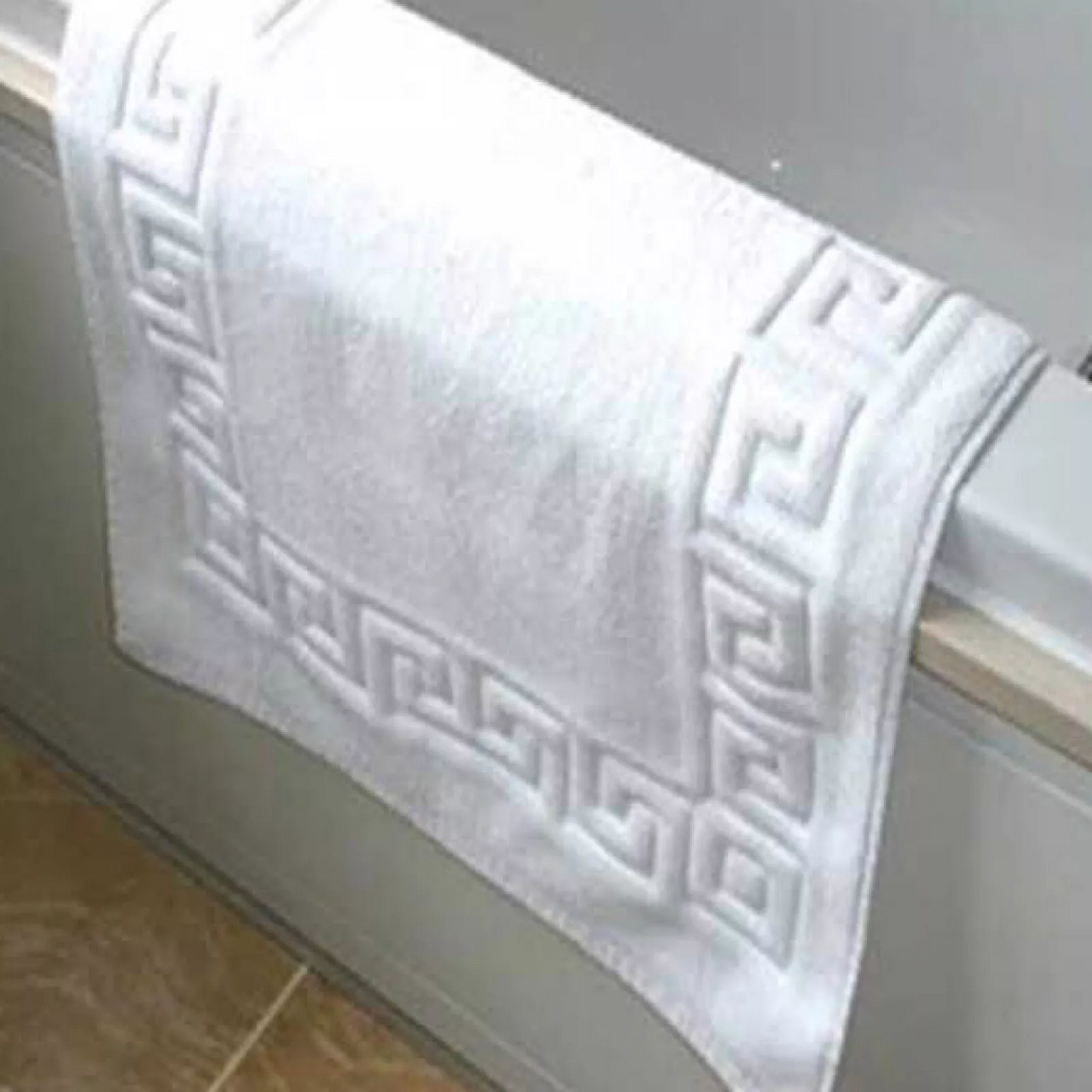 Hotel Quality White Bath Mats 100% Cotton Greek Key Border Design 750GSM Thick