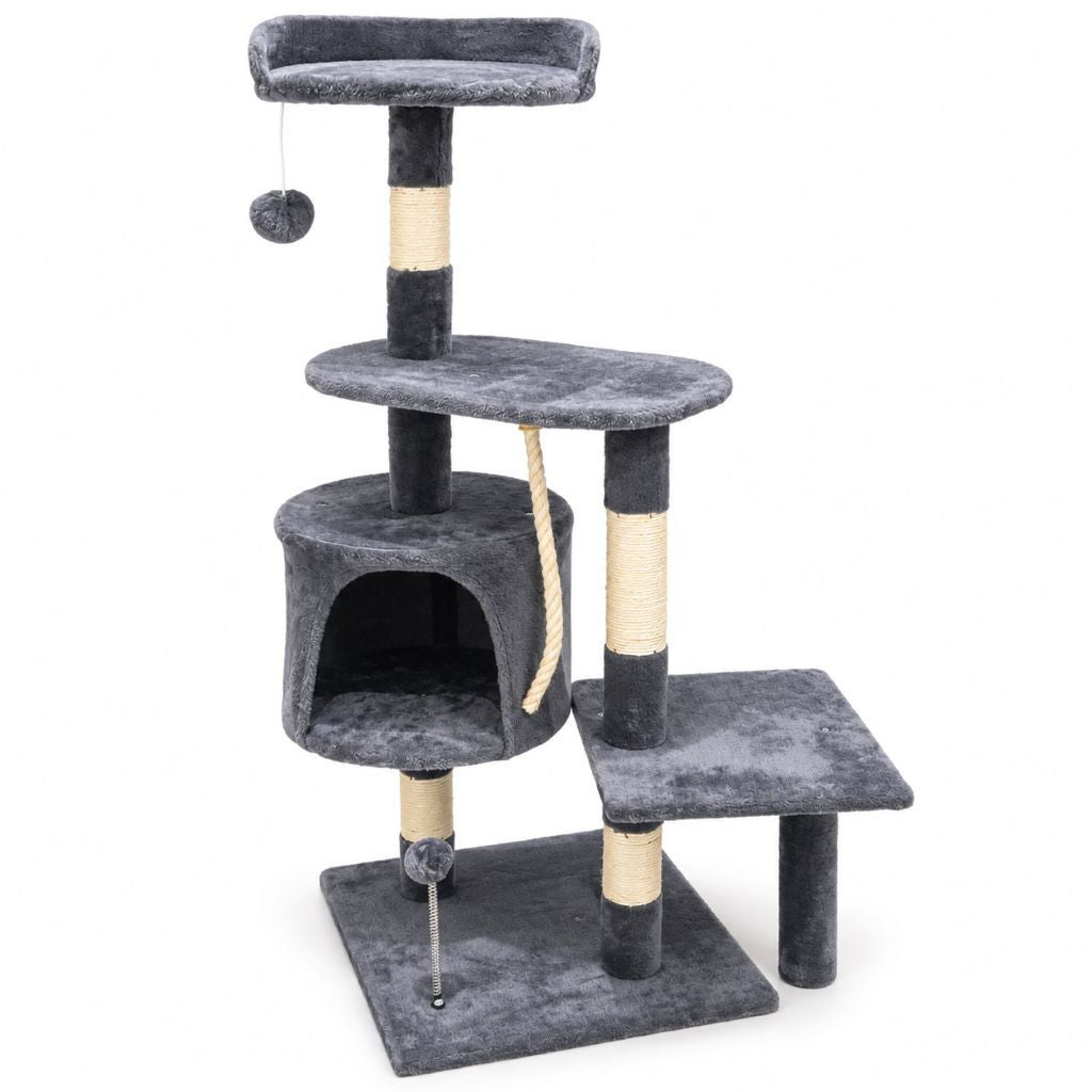 Multi-level cat activity centre standing in the corner of a living room
