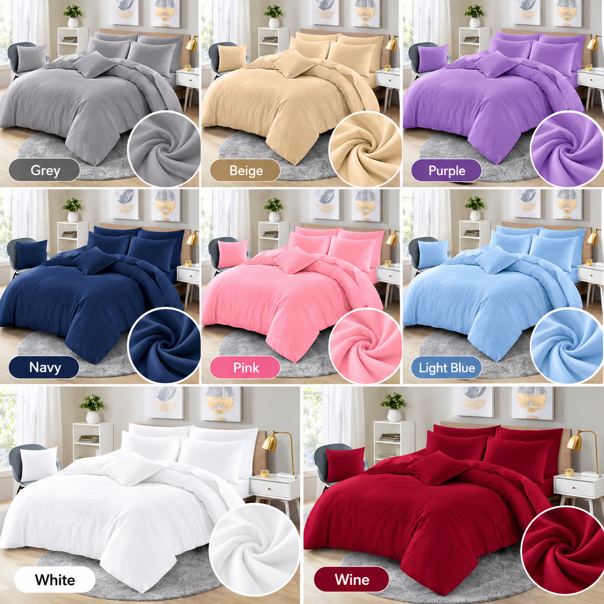 Plain dyed microfibre duvet cover set on a made bed, hotel-style finish