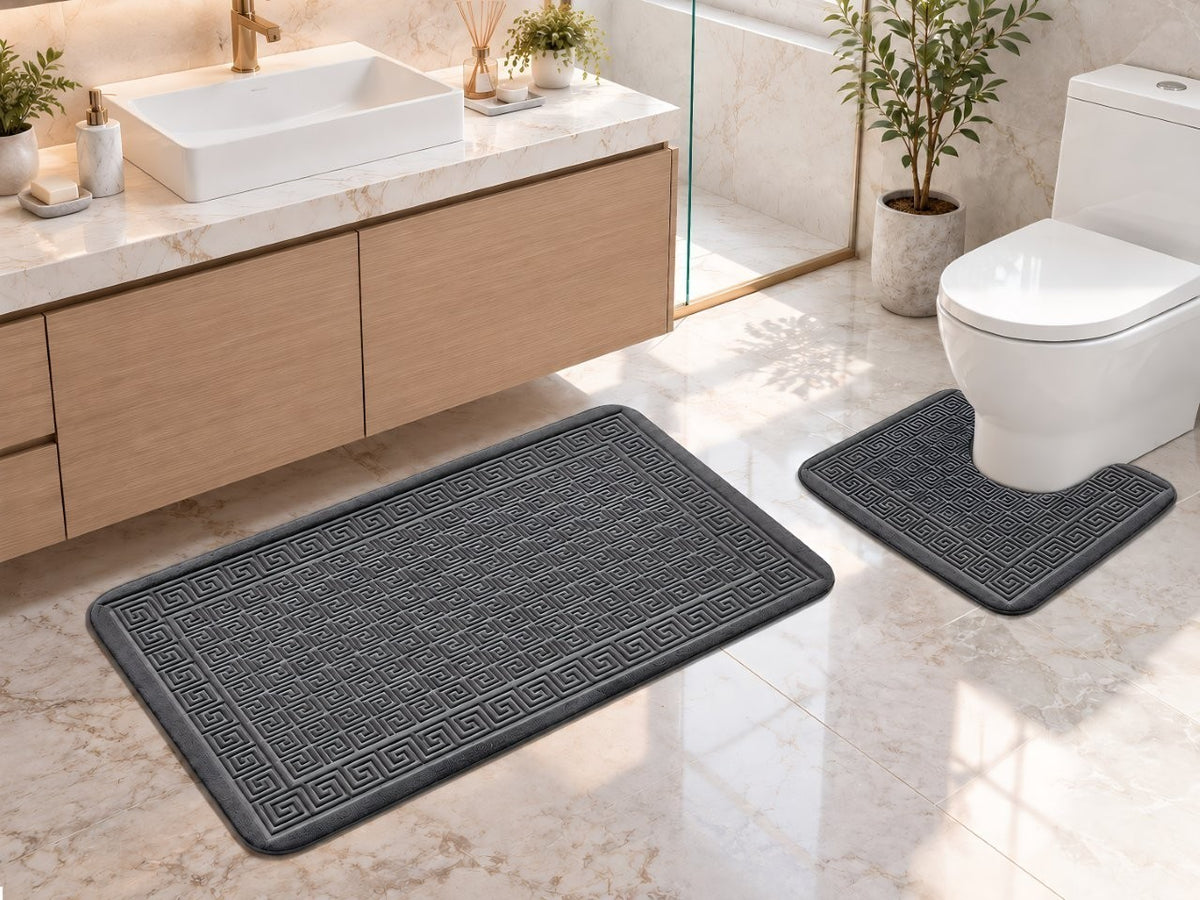 Royal blue memory foam bath mat and toilet rug with Greek key design