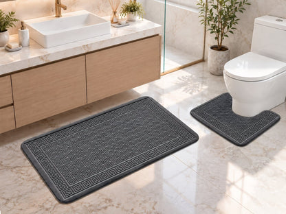 Royal blue memory foam bath mat and toilet rug with Greek key design