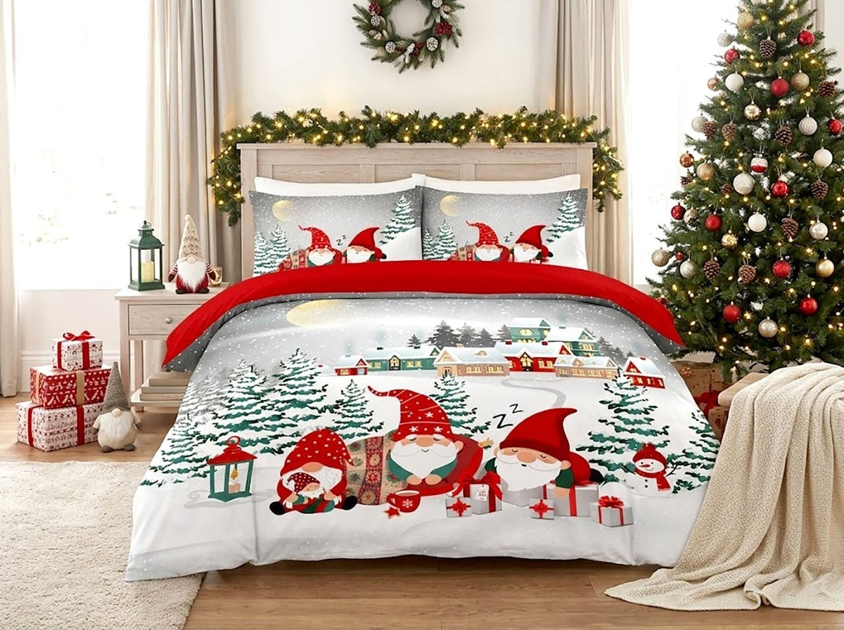 Close-up of a festive duvet cover print showing bright, vibrant Christmas colours