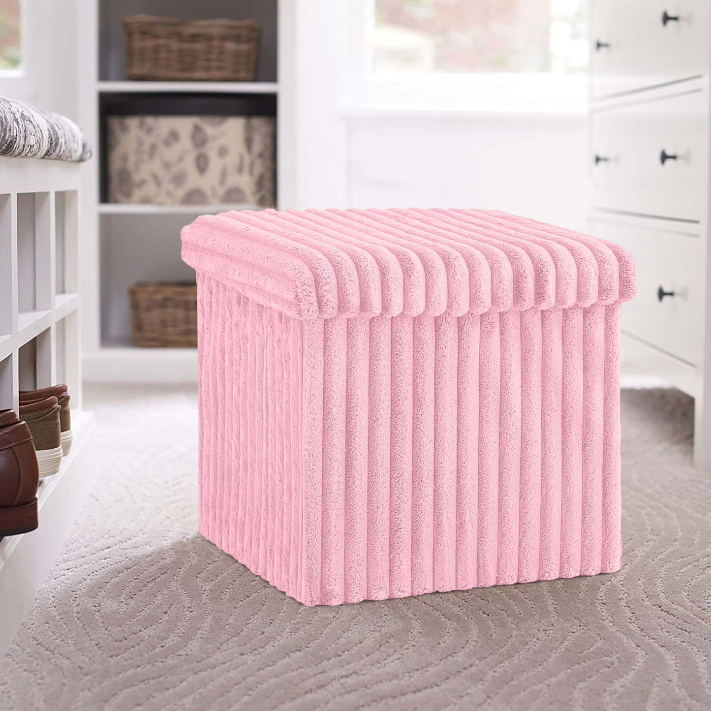 OTTOMAN STORAGE BOX Ribbed Foldable Toybox Folding Pouffe Bench Chair Seat Stool