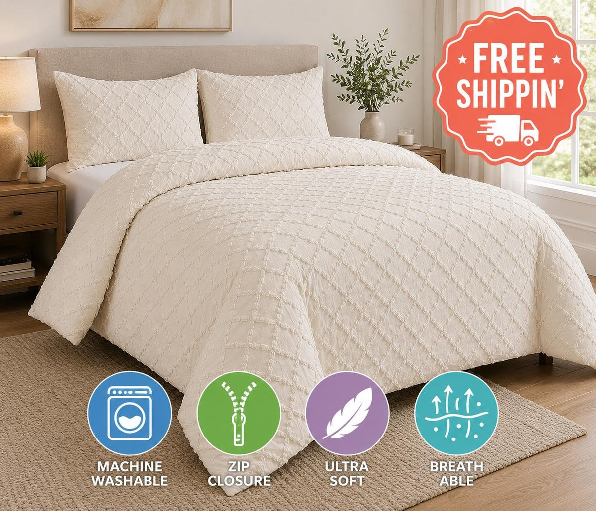 Close-up of the embossed tufted pattern on the soft microfiber duvet cover