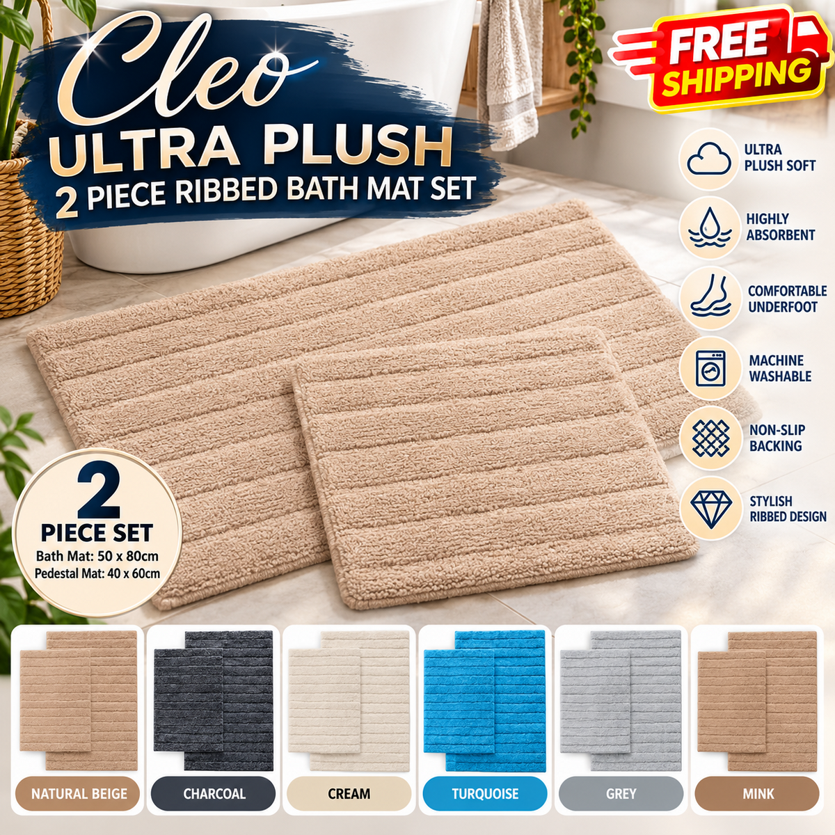Nimora Home Cleo ribbed bath mat and pedestal mat set