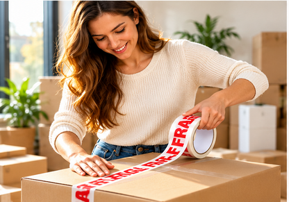 Close-up of bold red FRAGILE print on parcel packaging tape