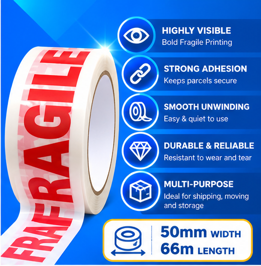 Fragile packing tape on a box containing glassware and ceramics