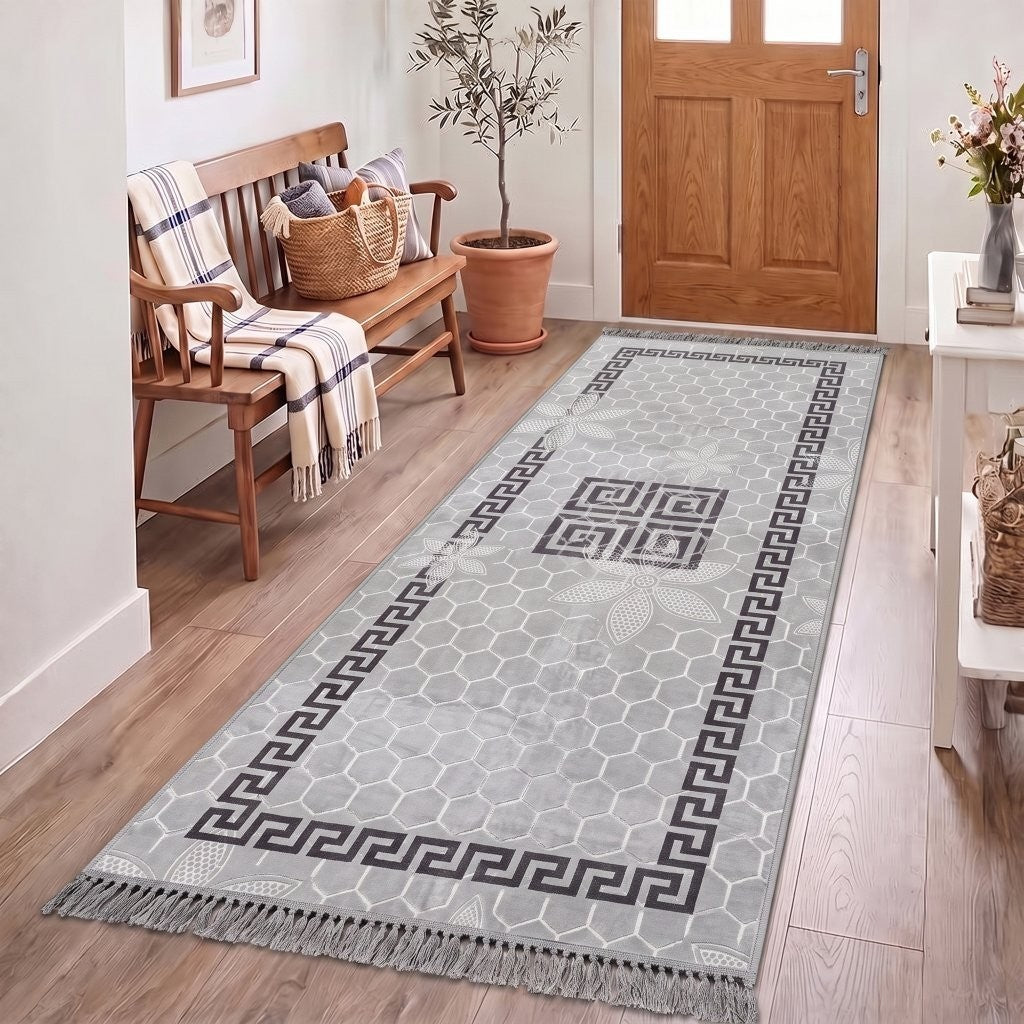 Natural cream Greek key rug in a Scandinavian-style bedroom
